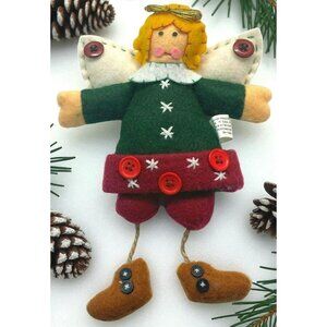 Folk Art Felt Angel Christmas Decor Green & Red Dress Festive Doll